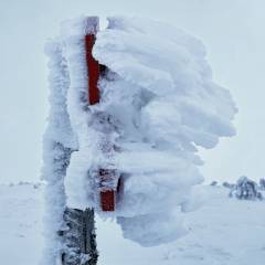 Vereiste Winter-Wegmarkierungen auf dem Weg zum Visjön. Hier kann man mit Ski oder Schneeschuhen laufen.